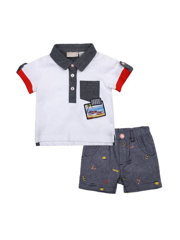 Boys Medium Light Blue Printed Polo with Short Pants image number 0